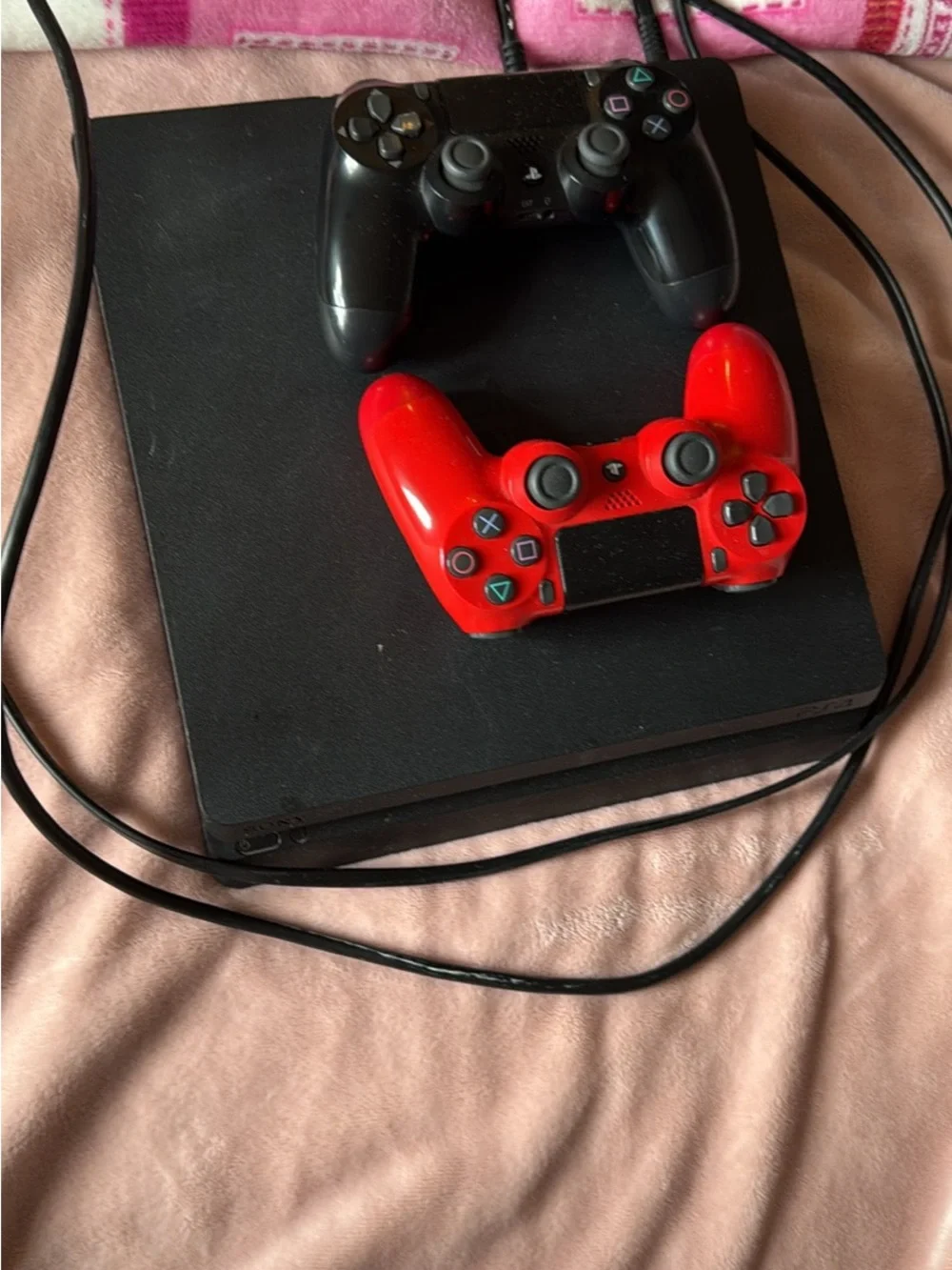 Sony Black Slim Console with Black and Red Controllers